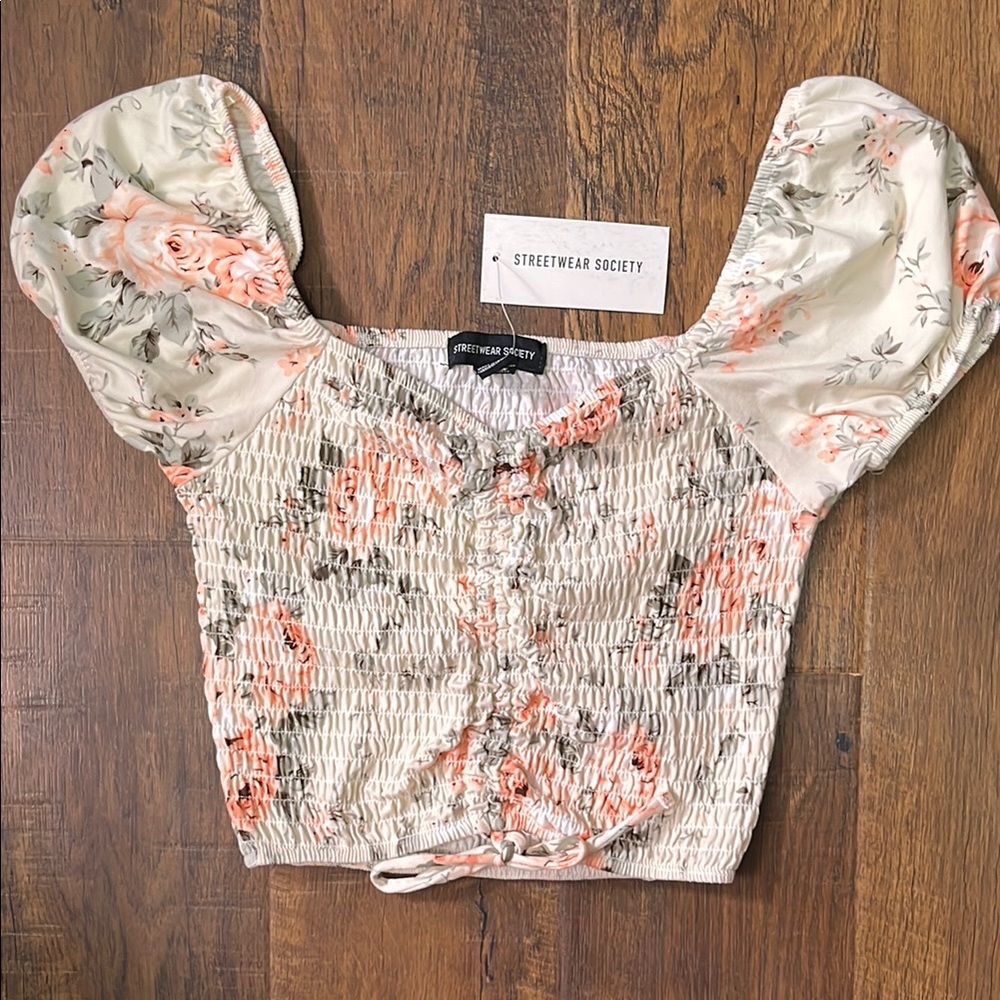Streetwear Society Floral Smocked Top - Cream and Pink